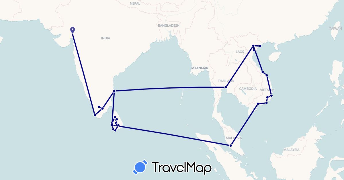 TravelMap itinerary: driving in India, Sri Lanka, Malaysia, Thailand, Vietnam (Asia)
